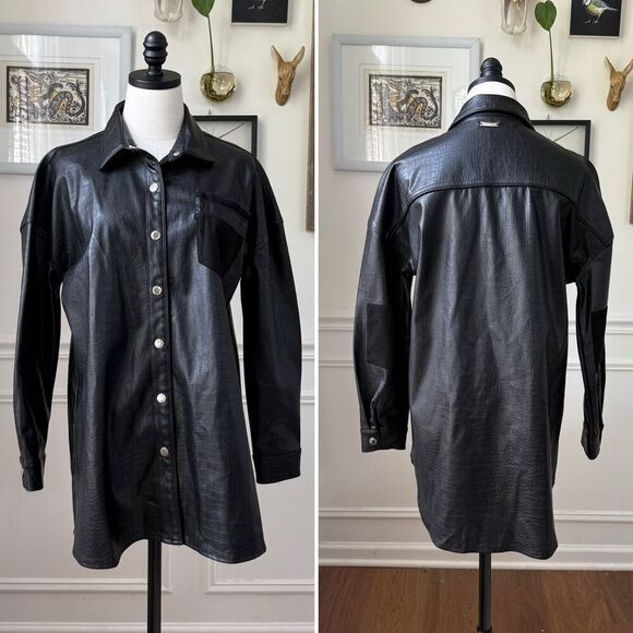 Maniere De Voir Faux Leather Snap Front Oversized Shirt 8 L - Picture 1 of 9